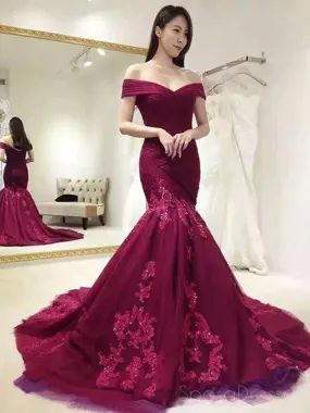 2018 Off Shoulder Red Lace Mermaid Long Evening Prom Dresses, 17667