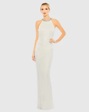 Beaded Sleeveless High Neck Column Gown