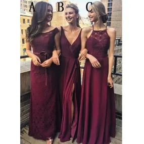 Burgundy Mismatched Charming Affordable Lace Long Bridesmaid Dresses, WG431