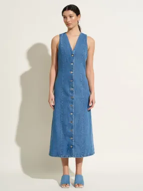 CALVINIA - Robe longue chasuble boutonnée en denim délavé Oeko-Tex Bleu