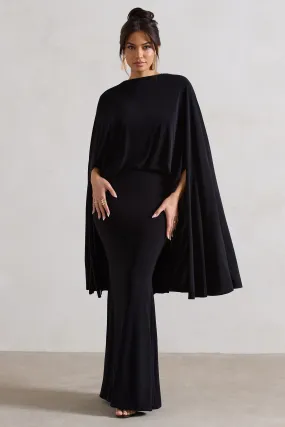 Charmaine | Robe longue noire à col haut avec cape