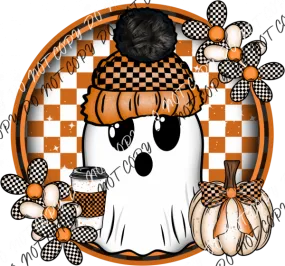 Cute Ghost in Checkered Circle DTF Transfer