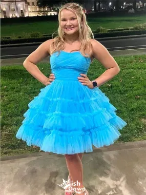 Elegant Blue Strapless Sleeveless Ruffle Cheap Short Homecoming Dresses, EPT176