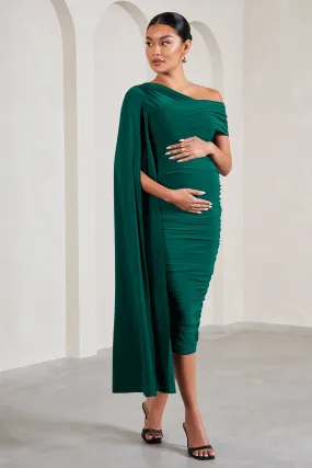 Serenity | Robe mi-longue de maternité asymétrique froncée vert bouteille avec cape